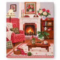 Pink Floral Armchair by the Fireplace artwork on a front-facing frameless canvas against a white background.