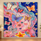 Pink Galaxy Butterfly Garden paint by numbers artwork on a front-facing canvas against a white background