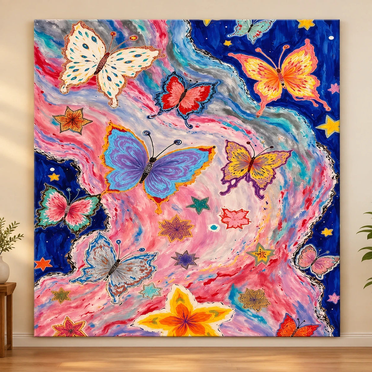 Pink Galaxy Butterfly Garden paint by numbers artwork on a front-facing canvas against a white background
