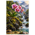 Pink Orchid Rocky Waterfall paint by numbers artwork on a front-facing canvas against a white background.