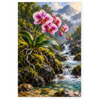Pink Orchid Rocky Waterfall paint by numbers artwork on a front-facing canvas against a white background.