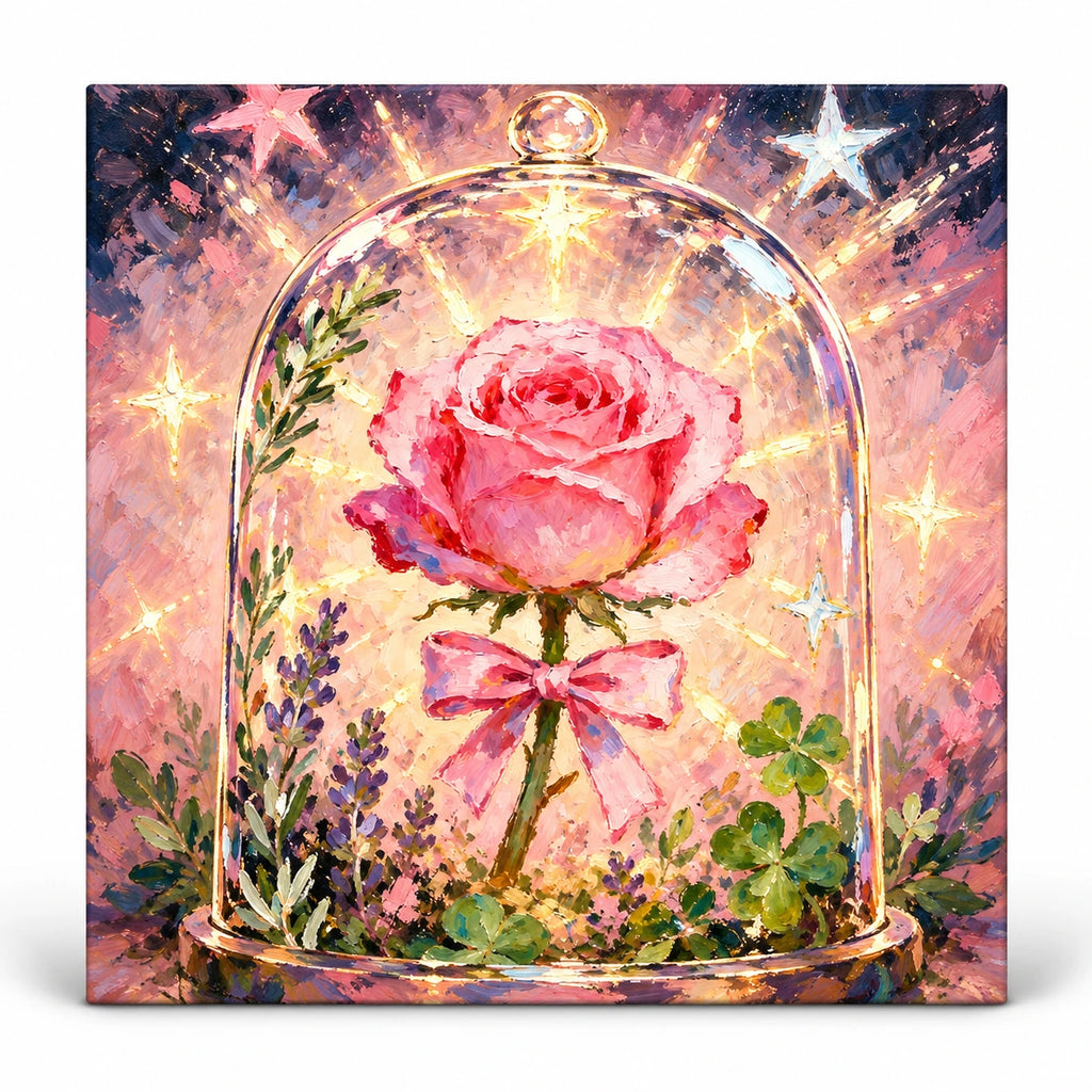Pink Rose Under Glass Dome paint by numbers artwork on a front-facing canvas against a white background