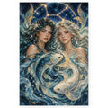 Two elegant Pisces women beneath a golden zodiac arch, with two luminous koi swimming between them. Full original portrait artwork on a clean white background with a subtle soft shadow and original proportions preserved.