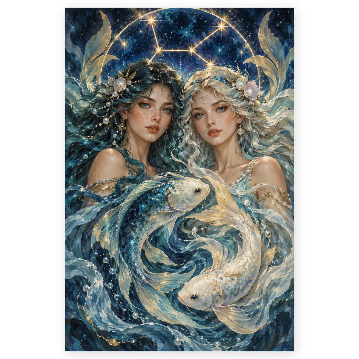 Two elegant Pisces women beneath a golden zodiac arch, with two luminous koi swimming between them. Full original portrait artwork on a clean white background with a subtle soft shadow and original proportions preserved.