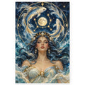 A Pisces woman beneath a full moon and golden constellation arch, with two pale koi circling above her. Full original portrait artwork on a clean white background with a subtle soft shadow and original proportions preserved.