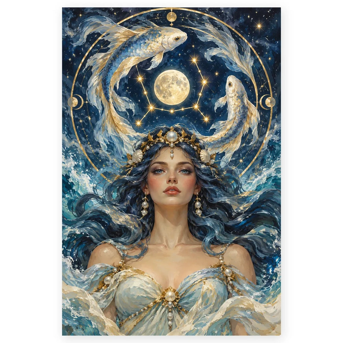 A Pisces woman beneath a full moon and golden constellation arch, with two pale koi circling above her. Full original portrait artwork on a clean white background with a subtle soft shadow and original proportions preserved.