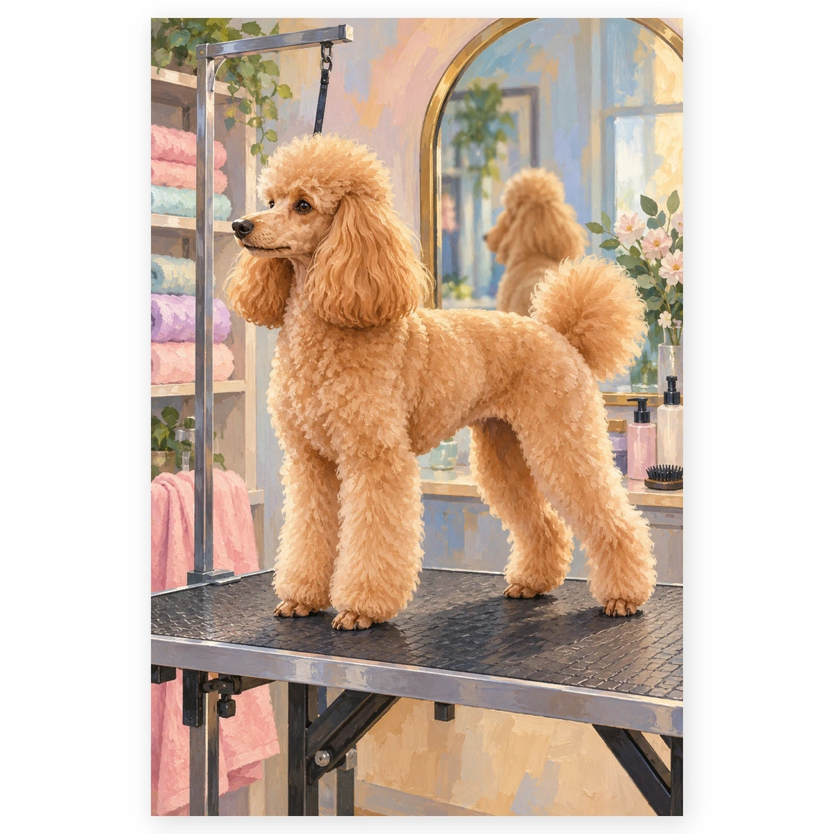 Poodle Grooming Day at the Salon paint by numbers artwork on a front-facing canvas against a white background