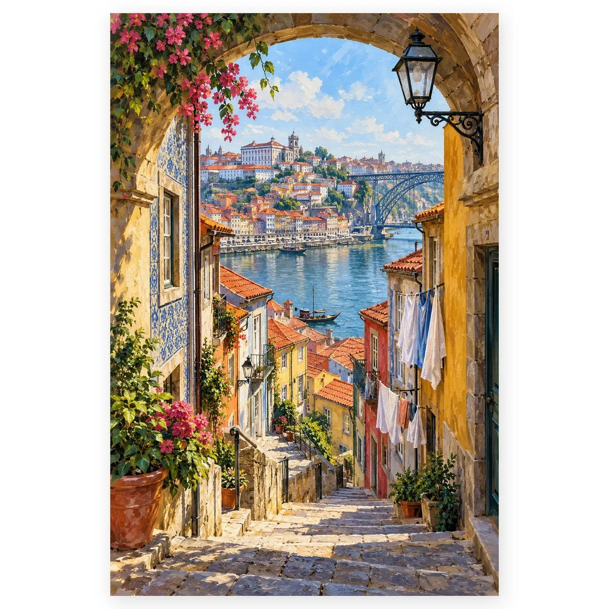 Full porto riverside arch laundry steps paint by numbers artwork on a clean white background.