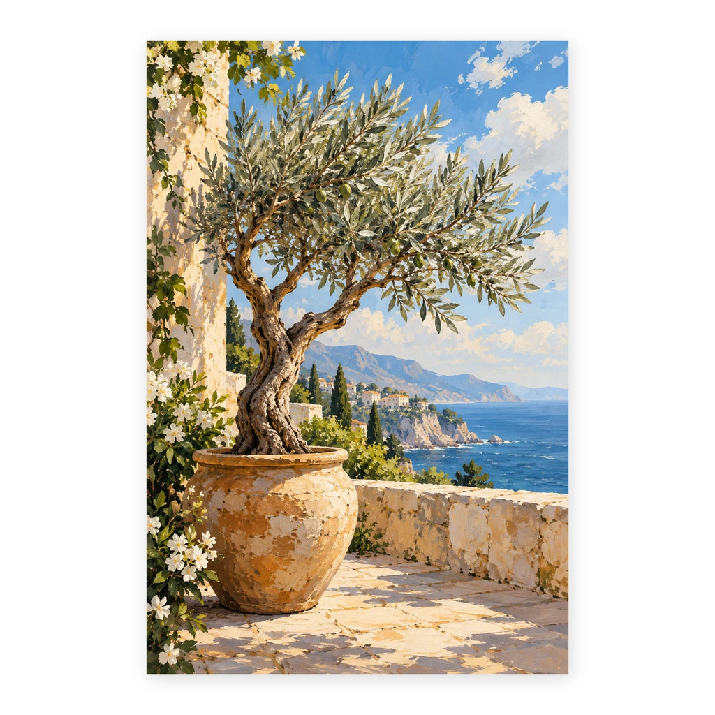 Potted olive tree on a coastal terrace paint by numbers canvas shown in full on a white background.