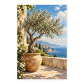Potted olive tree on a coastal terrace paint by numbers canvas shown in full on a white background.