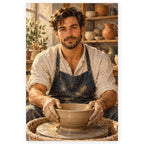 A male ceramic artist wearing a dark apron shapes a clay bowl on a pottery wheel in his sunlit studio. Full original portrait artwork on a clean white background with a subtle soft shadow and original proportions preserved.