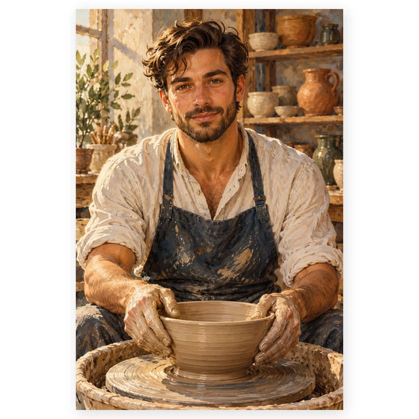 A male ceramic artist wearing a dark apron shapes a clay bowl on a pottery wheel in his sunlit studio. Full original portrait artwork on a clean white background with a subtle soft shadow and original proportions preserved.