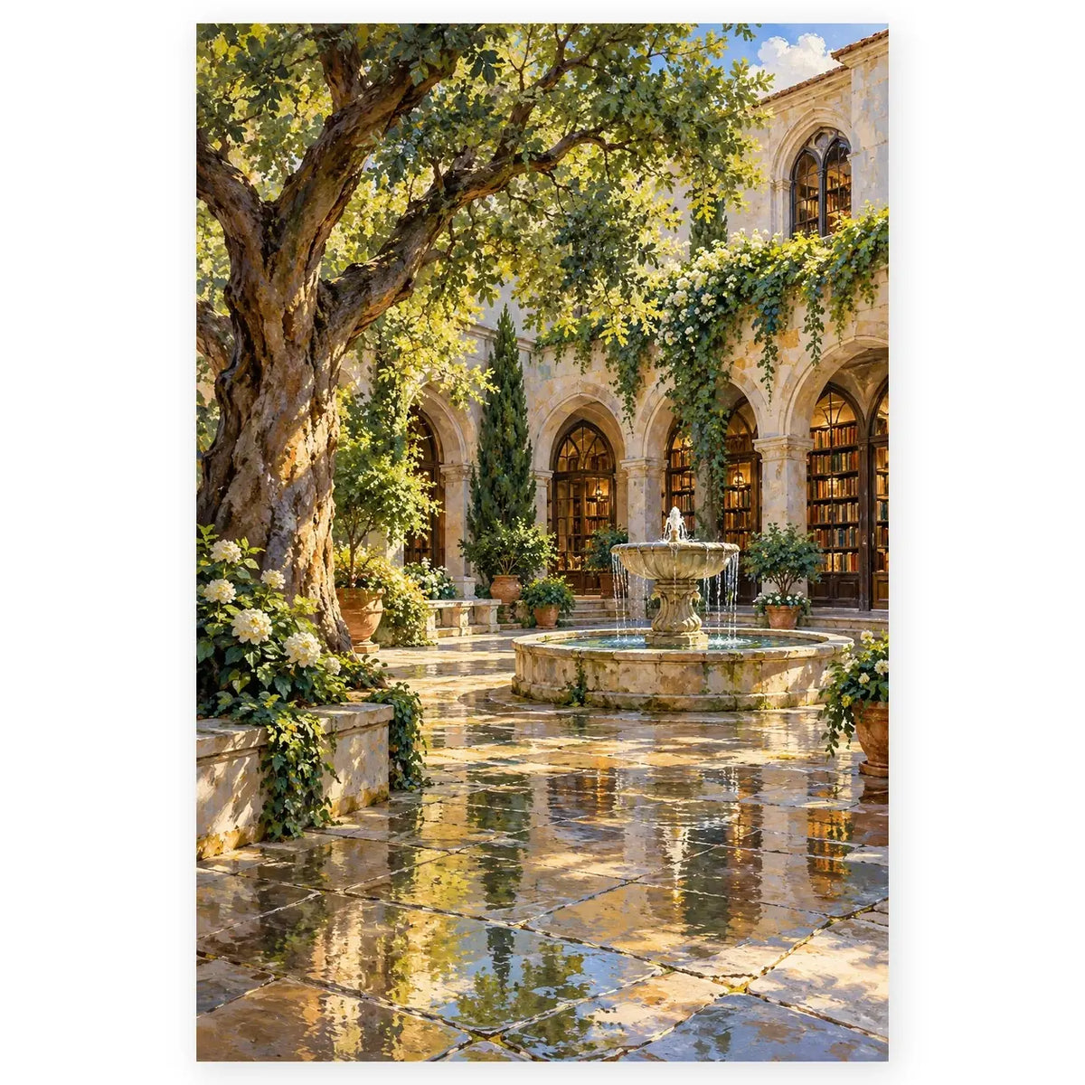 Complete Prague library courtyard fountain paint by numbers artwork on a clean white background, shown at its original portrait proportions.