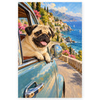 Pug at an Open Car Window paint by numbers artwork on a front-facing canvas against a white background