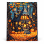 Pumpkin Lantern Cottage paint by numbers artwork on a front-facing canvas against a white background
