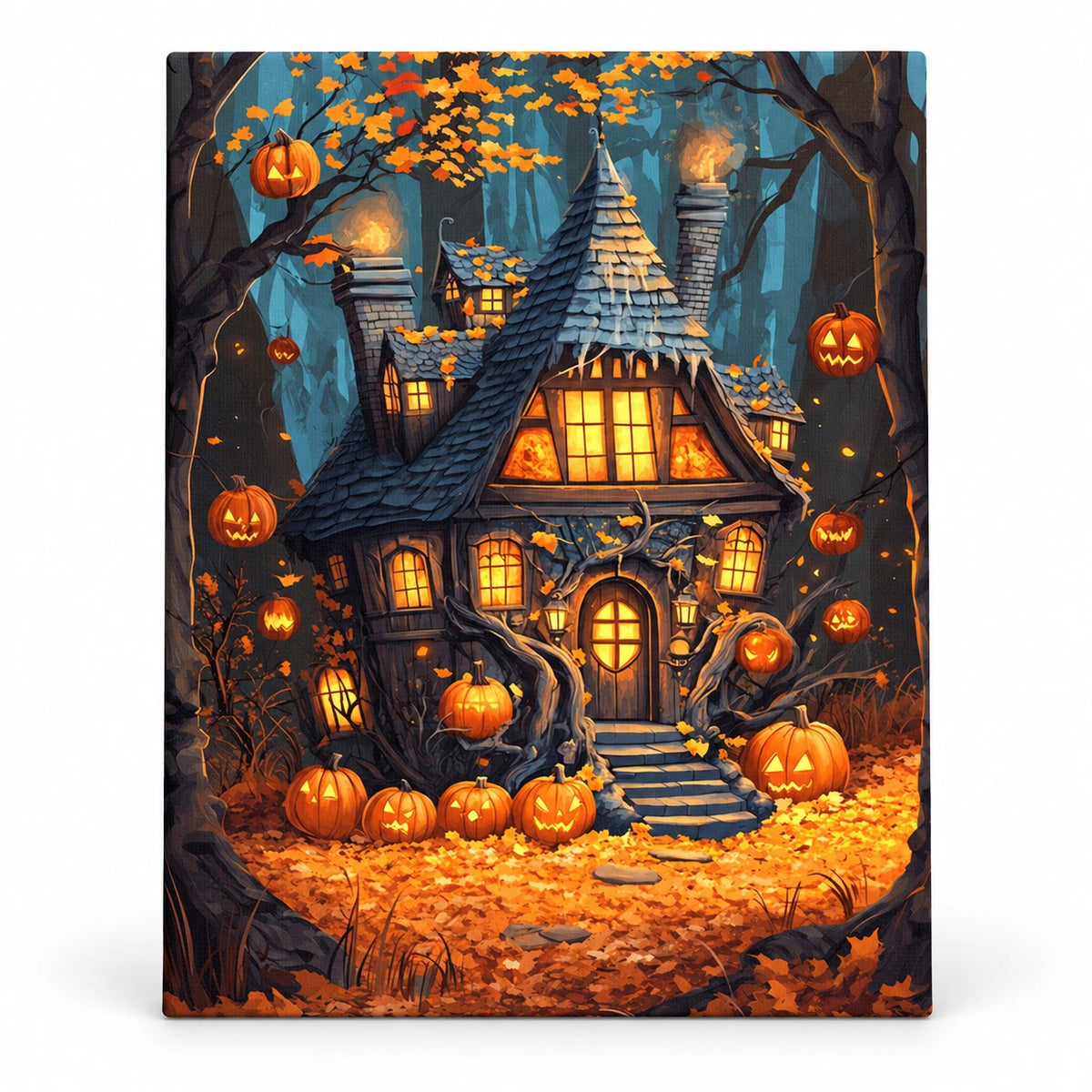 Pumpkin Lantern Cottage paint by numbers artwork on a front-facing canvas against a white background