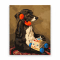 Puppy with a Vintage Toy Telephone artwork on a front-facing frameless canvas against a white background.