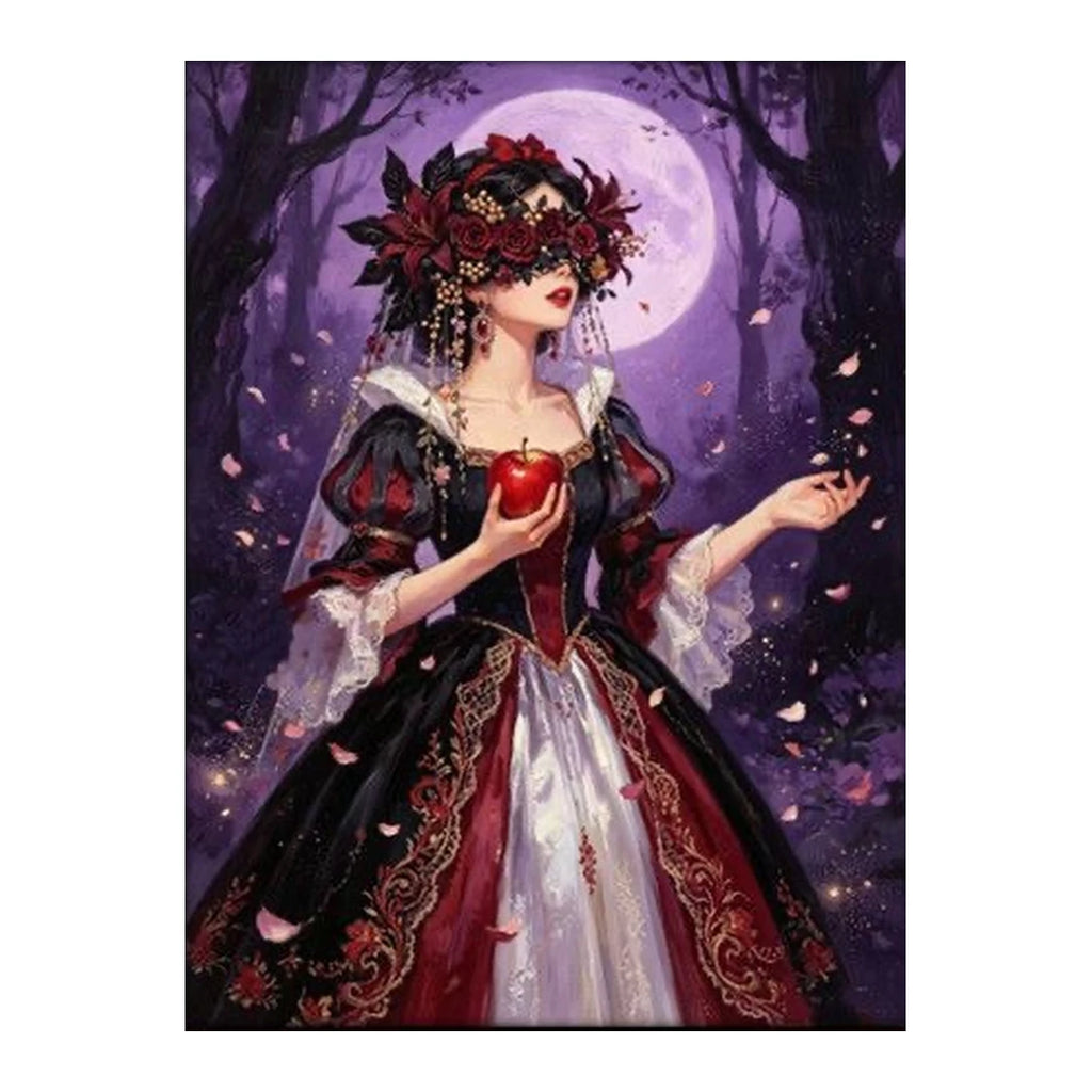 White-background original artwork of a rose-veiled bride holding a red apple beneath a purple moon