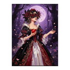 White-background original artwork of a rose-veiled bride holding a red apple beneath a purple moon