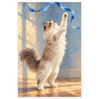 Ragdoll Cat Reaching for a Ribbon paint by numbers artwork on a front-facing canvas against a white background
