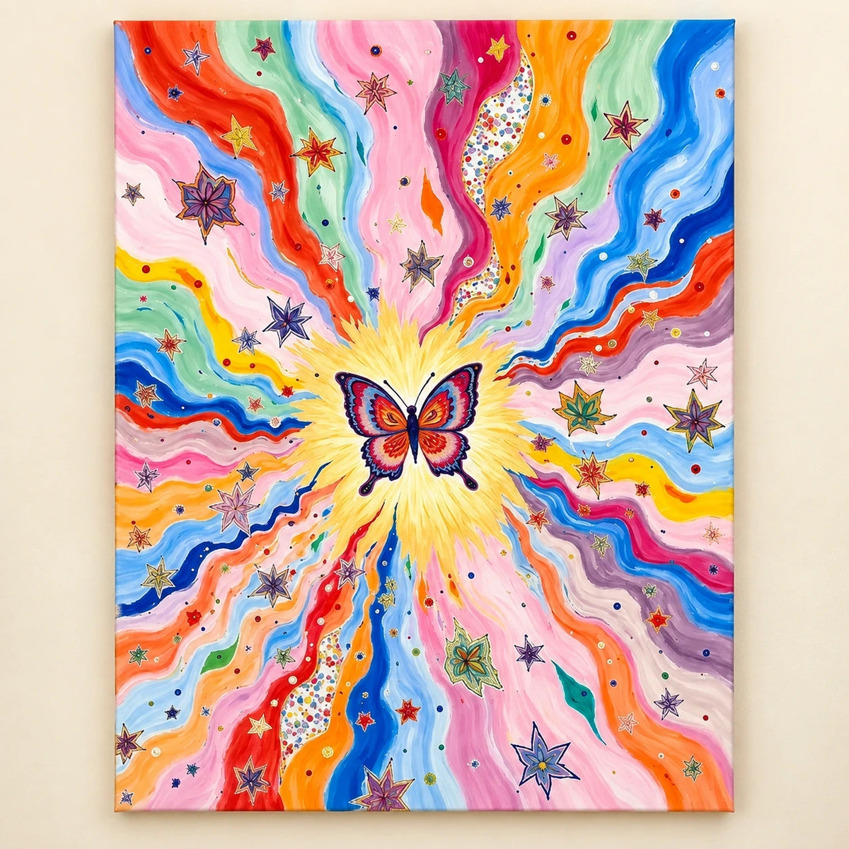 Rainbow Butterfly Starburst paint by numbers artwork on a front-facing canvas against a white background