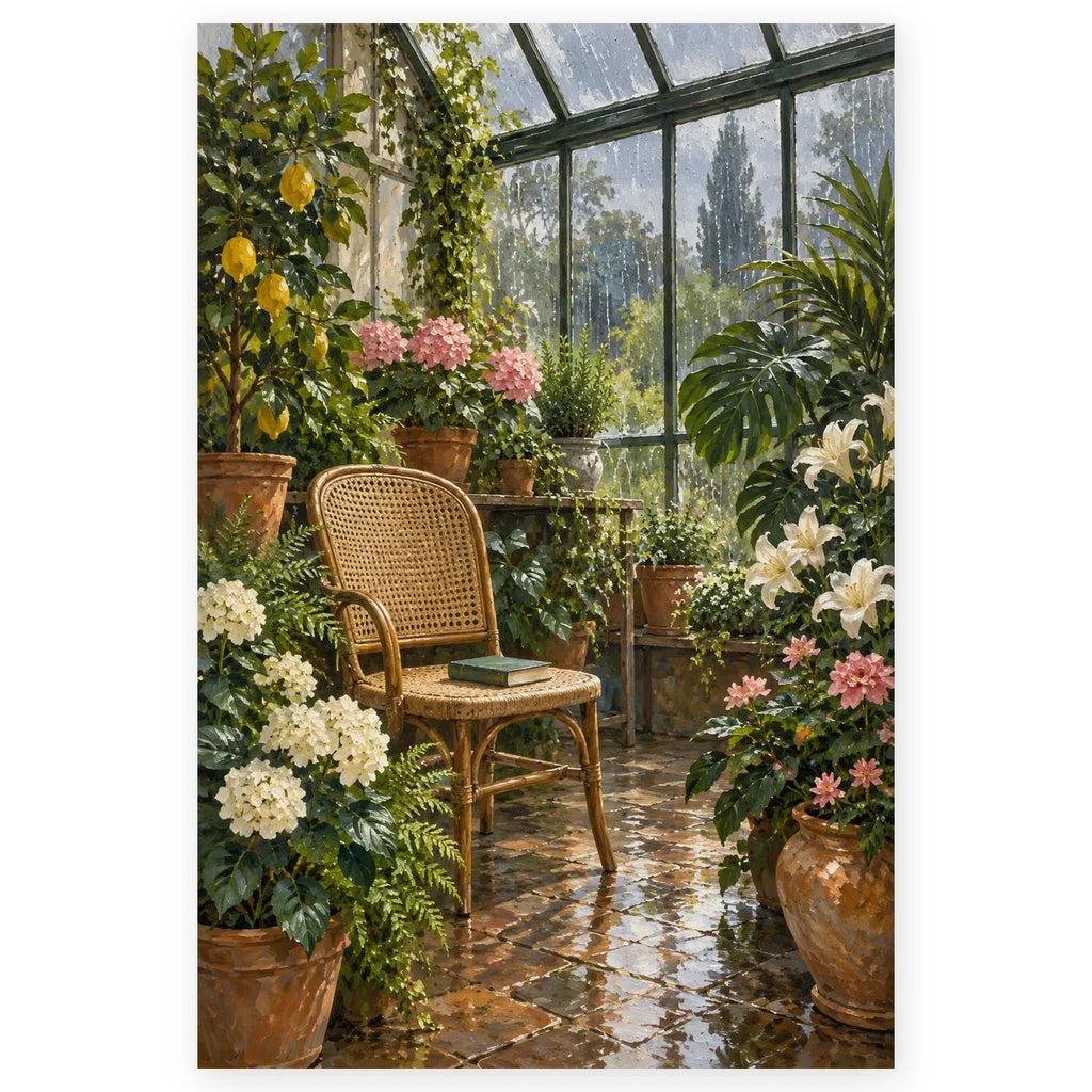 `01-rainy-greenhouse-wicker-reading-chair-hero.webp` — Complete portrait paint by numbers artwork of a wicker reading chair and book inside a lush glass greenhouse, centered on white with a soft shadow.