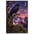 A black raven perches on a branch beside a crystal ball reflecting a moonlit lake and distant castle beneath a crescent moon. Full original portrait artwork on a clean white background with a subtle soft shadow and original proportions preserved.