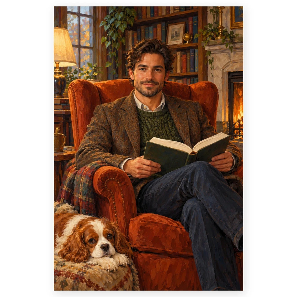 A young man reads an open book in a rust-colored armchair beside a small spaniel in a cozy library. Full original portrait artwork on a clean white background with a subtle soft shadow and original proportions preserved.