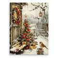 Red Ribbons in Snow paint by numbers artwork on a front-facing canvas against a white background