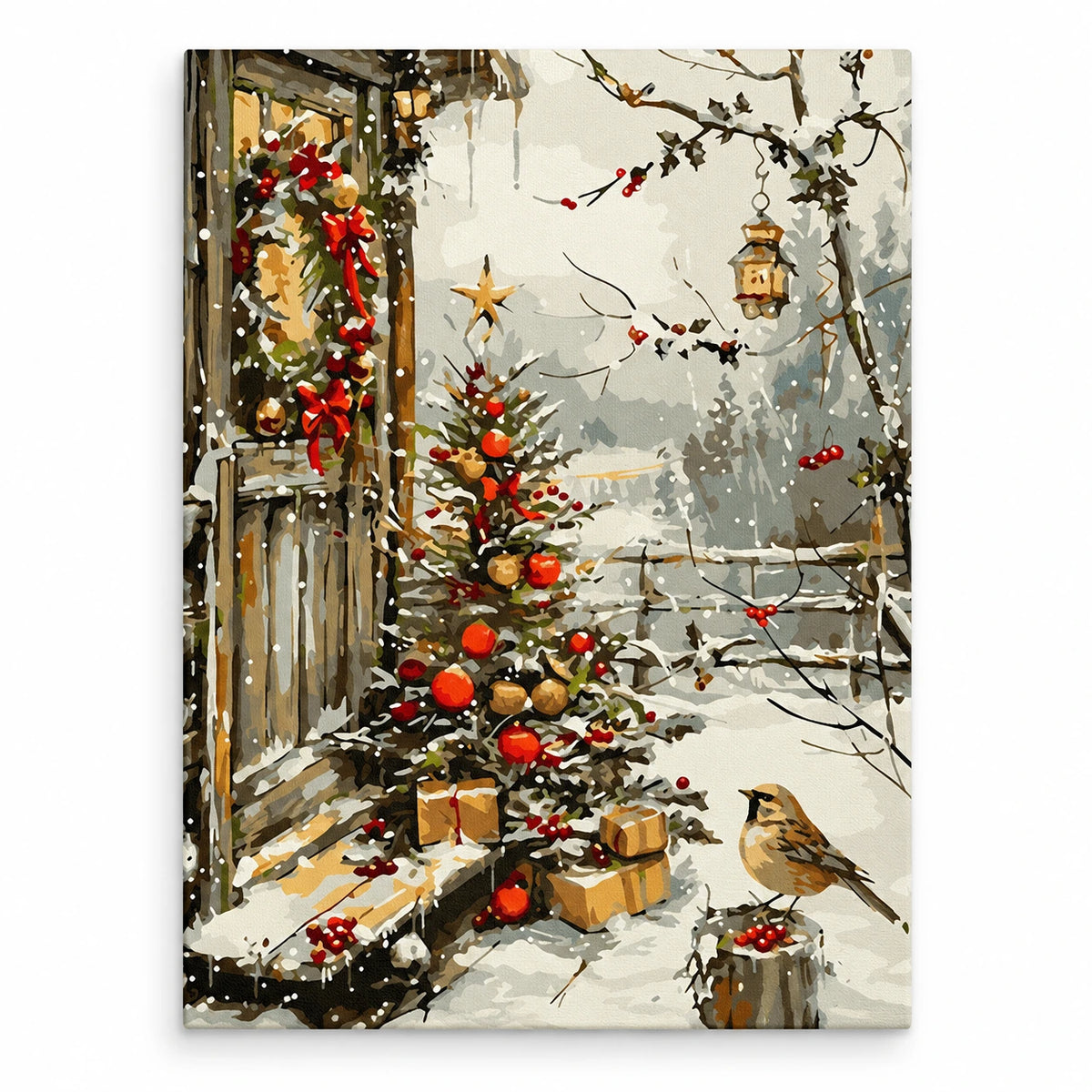Red Ribbons in Snow paint by numbers artwork on a front-facing canvas against a white background