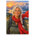 A silver-haired woman hiker wearing a bright red scarf stands before a sunlit alpine lake and snow-capped mountains. Full original portrait artwork on a clean white background with a subtle soft shadow and original proportions preserved.
