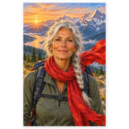 A silver-haired woman hiker wearing a bright red scarf stands before a sunlit alpine lake and snow-capped mountains. Full original portrait artwork on a clean white background with a subtle soft shadow and original proportions preserved.
