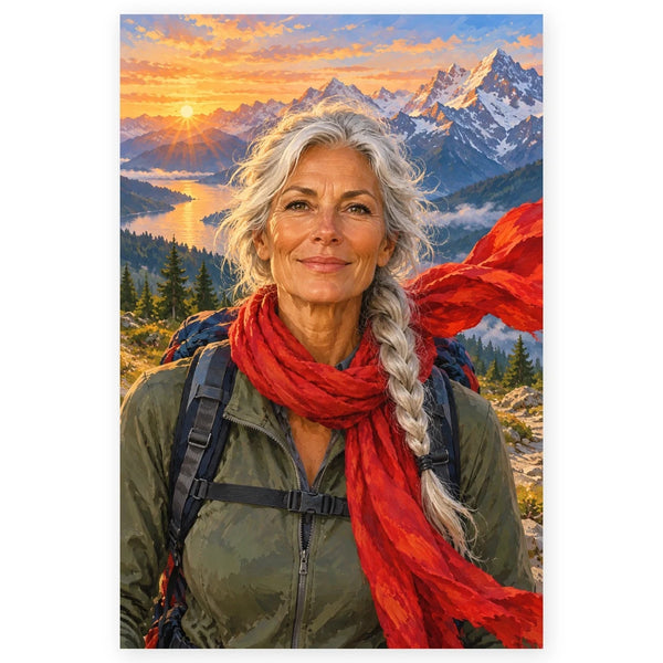 A silver-haired woman hiker wearing a bright red scarf stands before a sunlit alpine lake and snow-capped mountains. Full original portrait artwork on a clean white background with a subtle soft shadow and original proportions preserved.