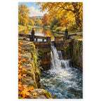 Full river lock autumn paint by numbers artwork on a clean white background.