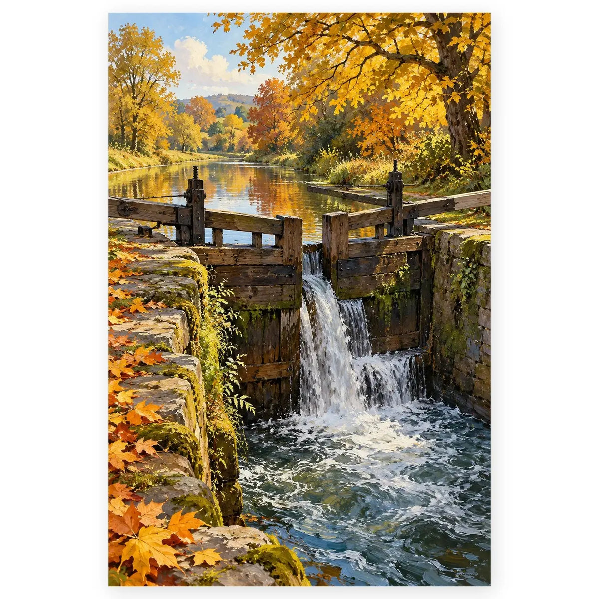 Full river lock autumn paint by numbers artwork on a clean white background.