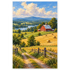 Rolling Hayfields Red Barn paint by numbers artwork on a front-facing canvas against a white background
