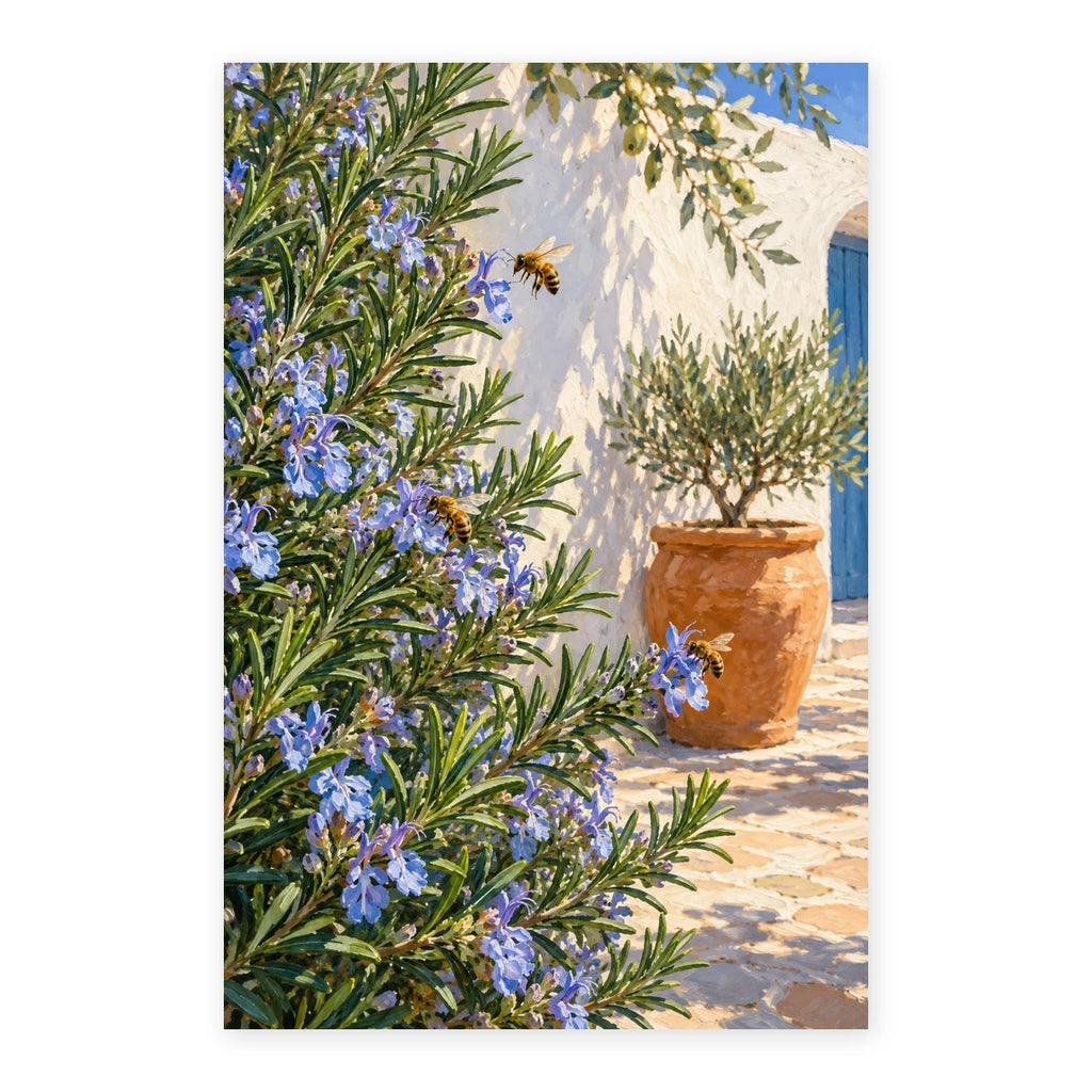 Blue rosemary blossoms and bees beside a stone cottage wall paint by numbers canvas shown in full on a white background.