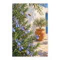Blue rosemary blossoms and bees beside a stone cottage wall paint by numbers canvas shown in full on a white background.