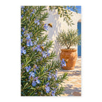 Blue rosemary blossoms and bees beside a stone cottage wall paint by numbers canvas shown in full on a white background.