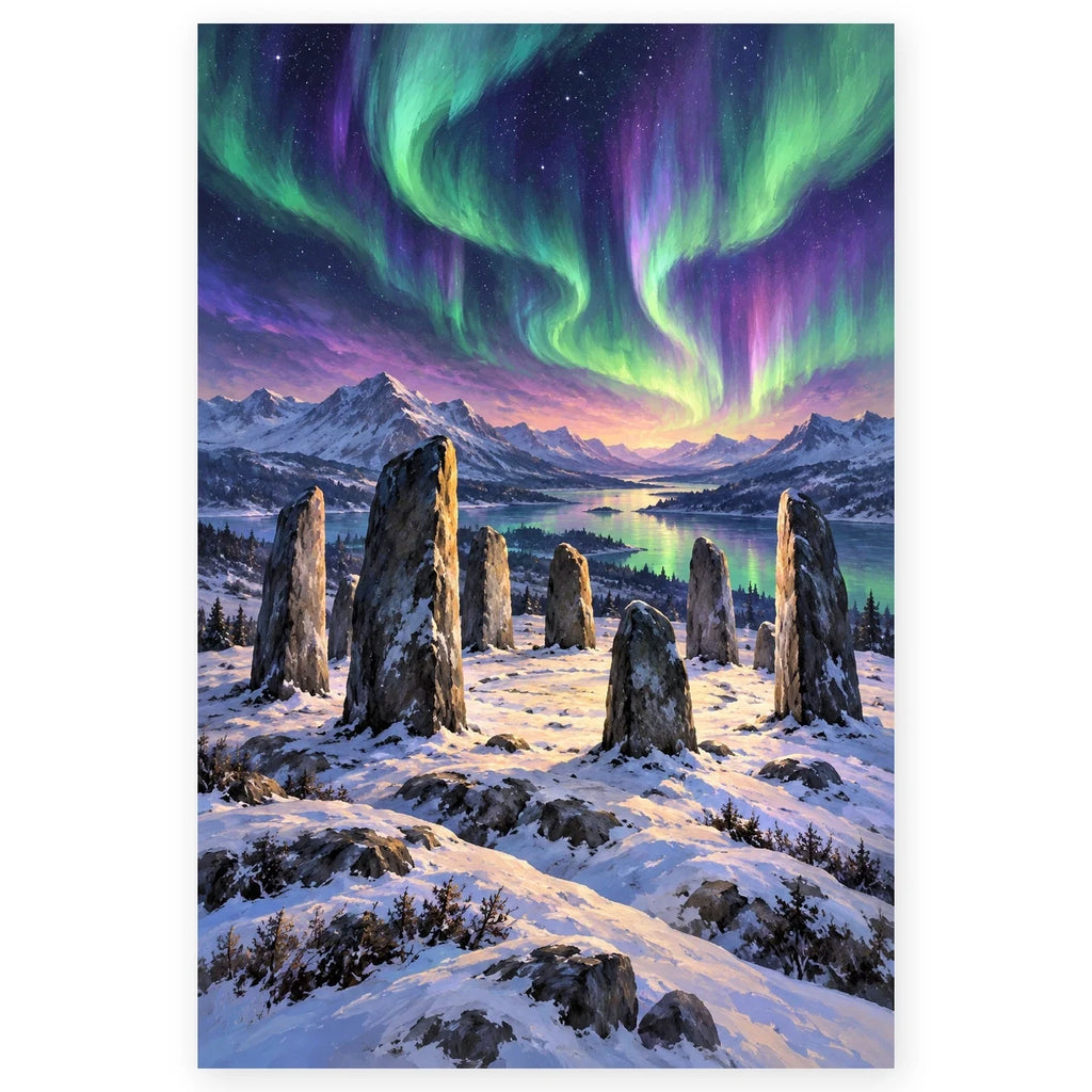 Ancient standing stones ring a snowy mountain lake beneath vivid green and violet northern lights. Full original portrait artwork on a clean white background with a subtle soft shadow and original proportions preserved.
