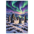 Ancient standing stones ring a snowy mountain lake beneath vivid green and violet northern lights. Full original portrait artwork on a clean white background with a subtle soft shadow and original proportions preserved.