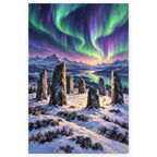 Ancient standing stones ring a snowy mountain lake beneath vivid green and violet northern lights. Full original portrait artwork on a clean white background with a subtle soft shadow and original proportions preserved.