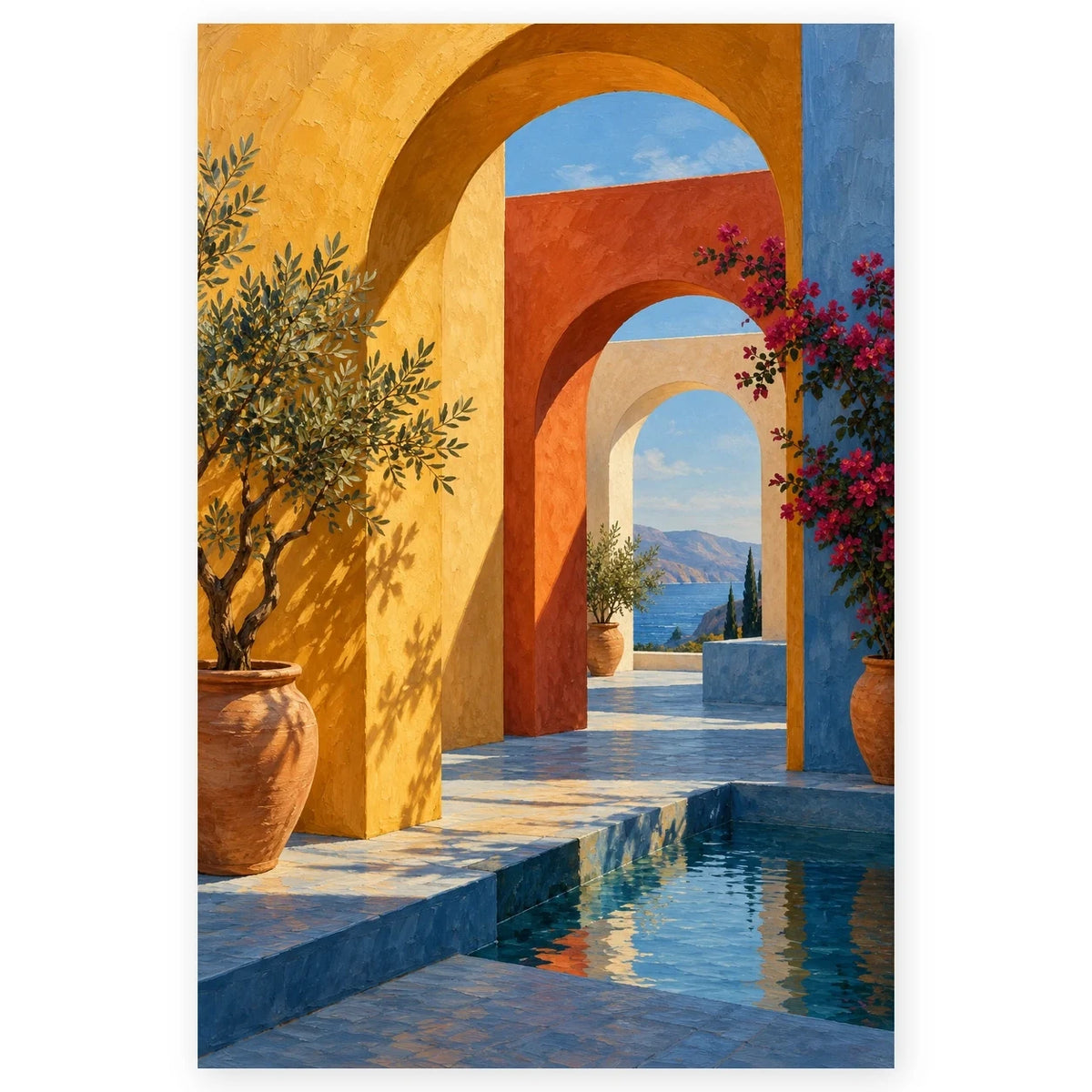 Full Saffron Arches Sea View paint by numbers artwork on a clean white square, complete design shown at its original proportions with a subtle soft shadow.