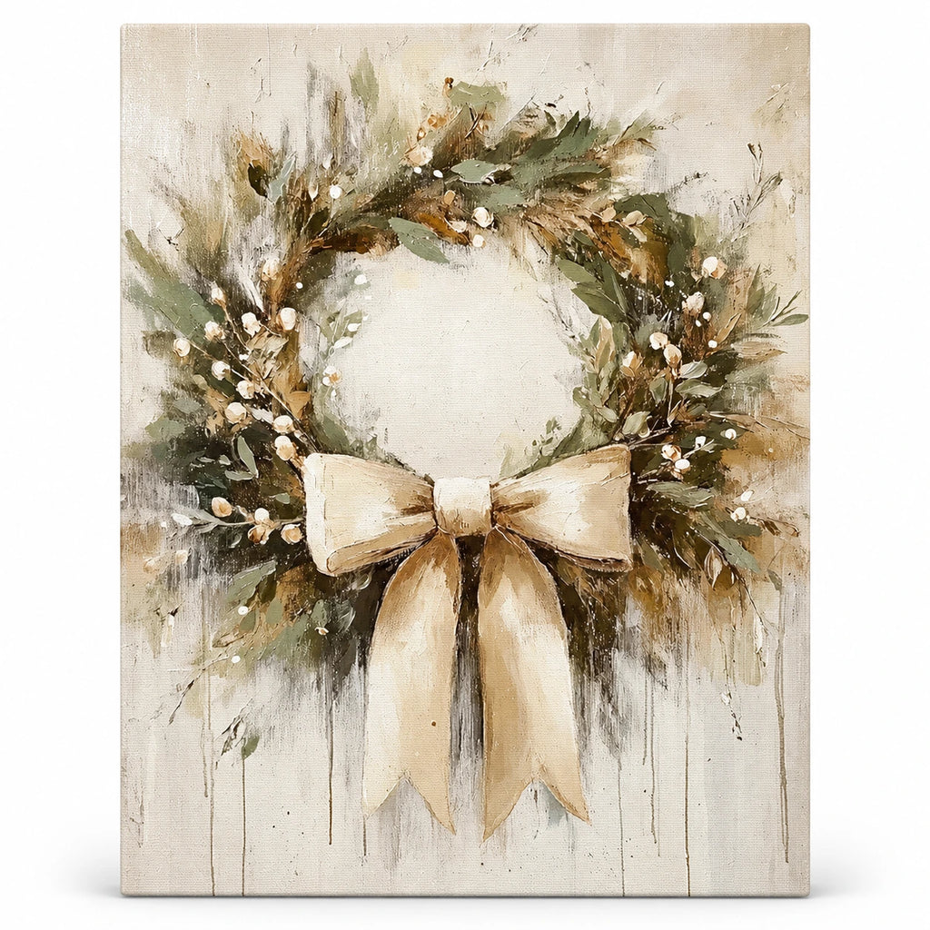 Sage Ribbon Evergreen Wreath paint by numbers artwork on a front-facing canvas against a white background