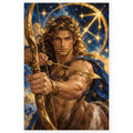 A heroic male Sagittarius archer in gold armor and a laurel circlet against a deep blue starry zodiac sky. Full original portrait artwork on a clean white background with a subtle soft shadow and proportions preserved.