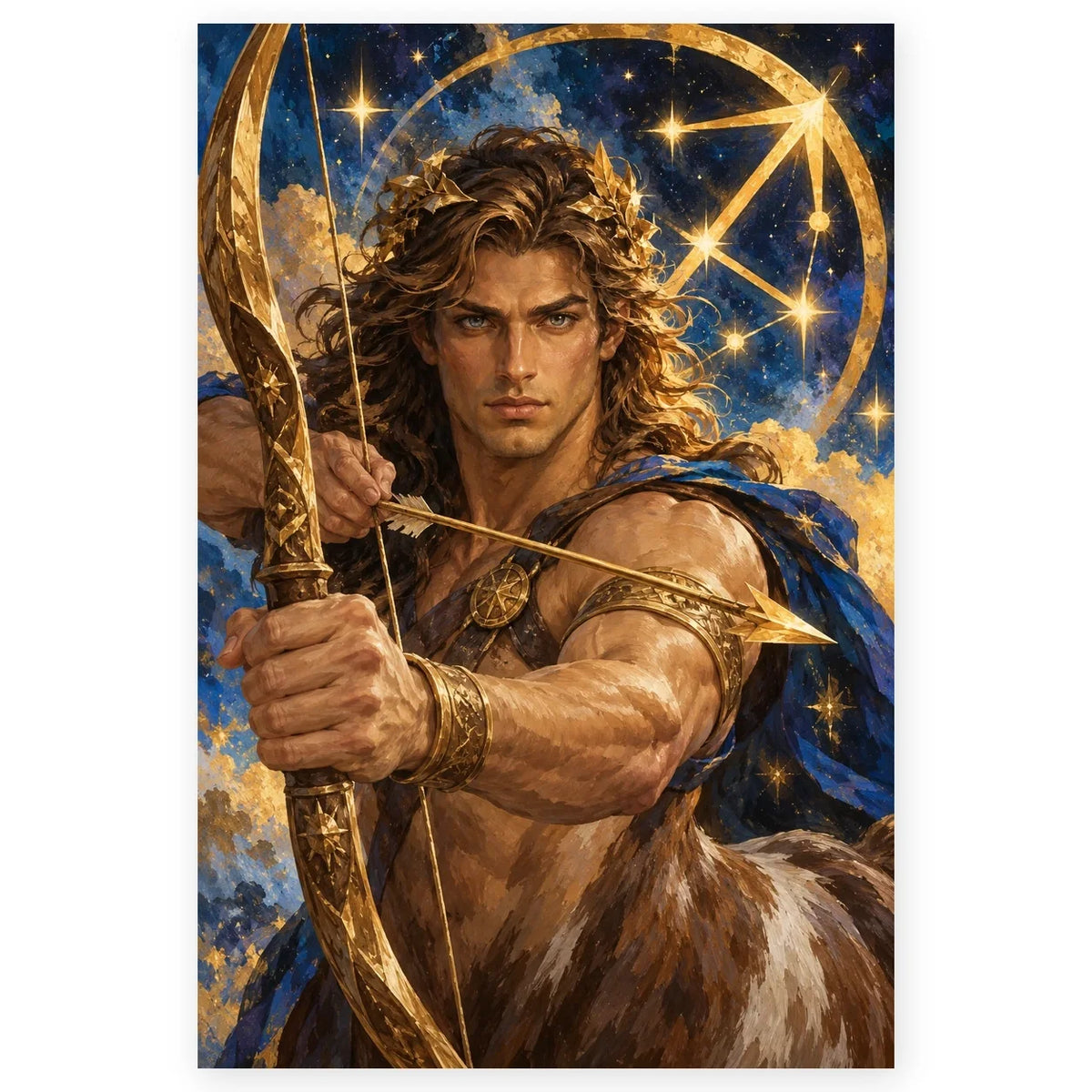 A heroic male Sagittarius archer in gold armor and a laurel circlet against a deep blue starry zodiac sky. Full original portrait artwork on a clean white background with a subtle soft shadow and proportions preserved.