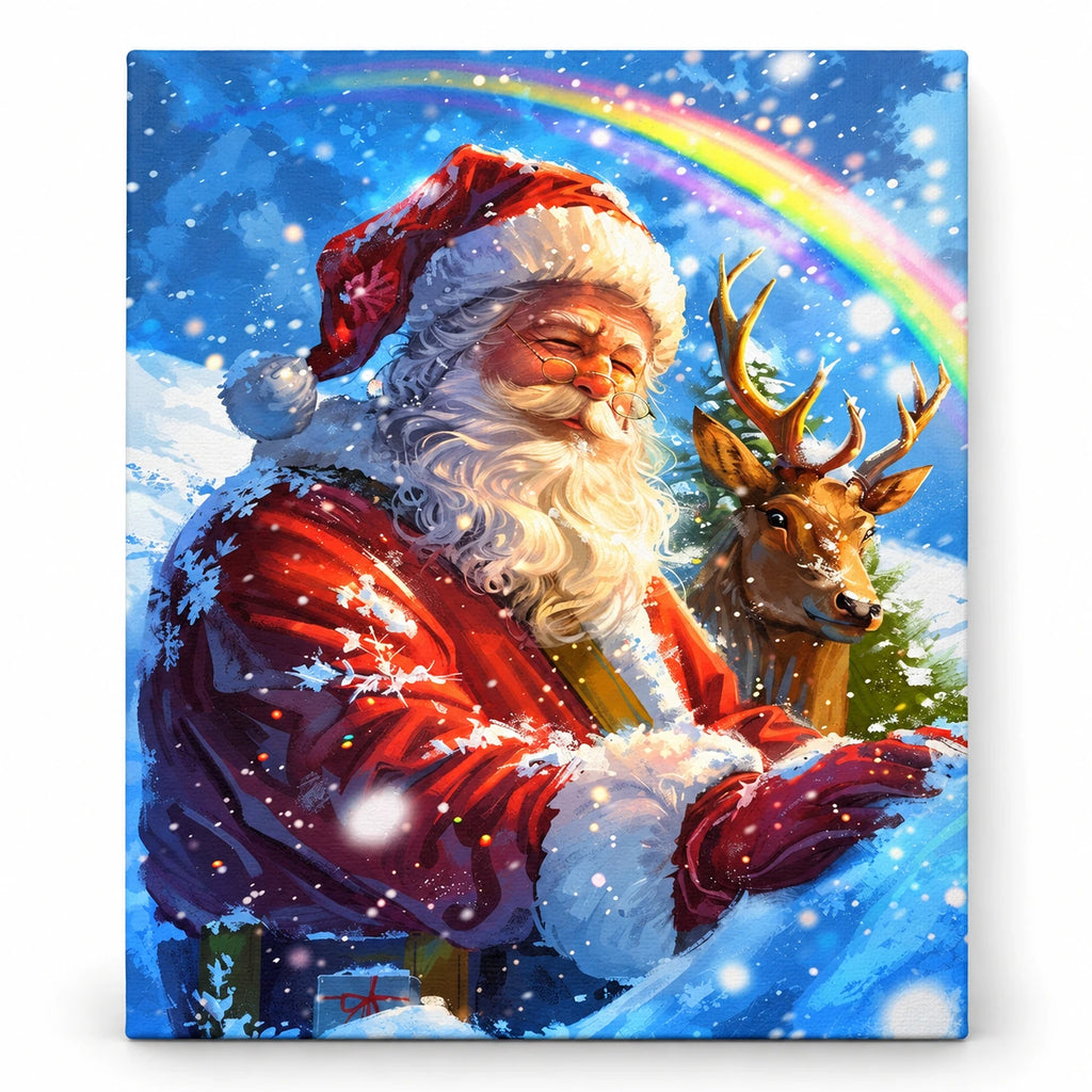 Santa Beneath a Winter Rainbow paint by numbers artwork on a front-facing canvas against a white background