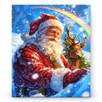 Santa Beneath a Winter Rainbow paint by numbers artwork on a front-facing canvas against a white background