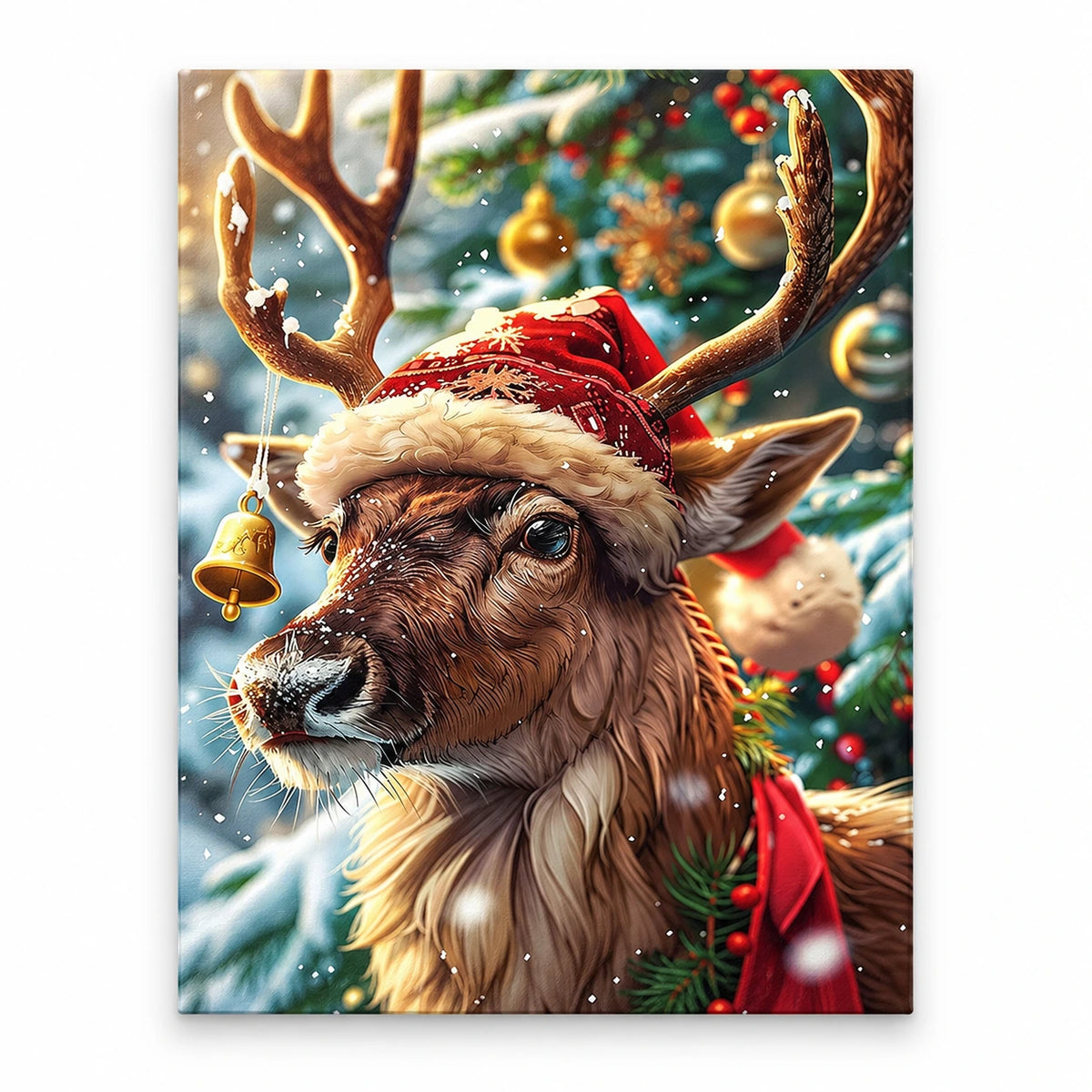 Santa Hat Reindeer paint by numbers artwork on a front-facing canvas against a white background