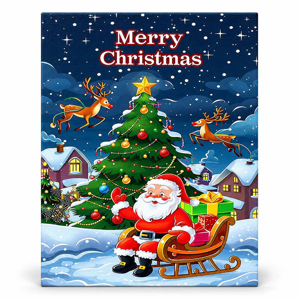 Santa’s Snowy Sleigh with Reindeer paint by numbers artwork on a front-facing canvas against a white background